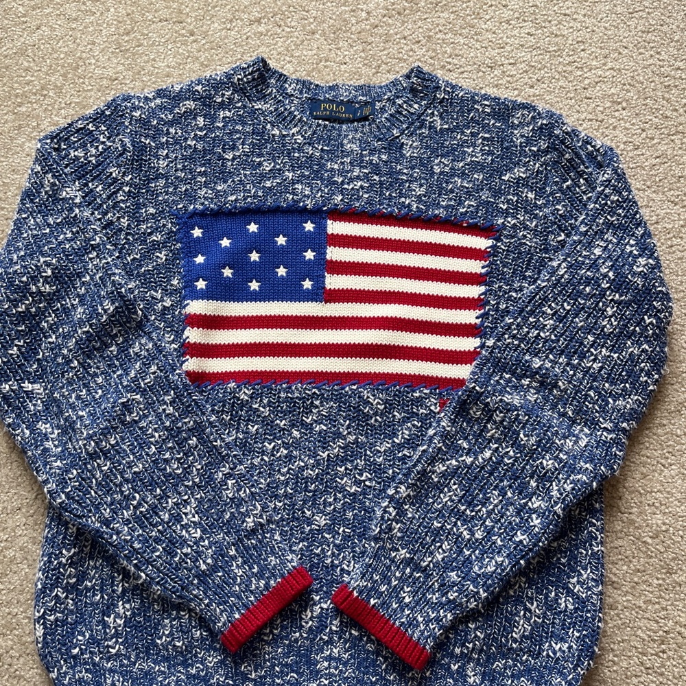 Ralph Lauren Blue and Red Flag Crewneck Sweater